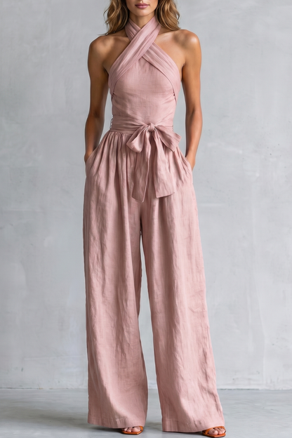 Phoebe | Wide-Leg Jumpsuit Teal Linen Halter Neck Sleeveless for Women