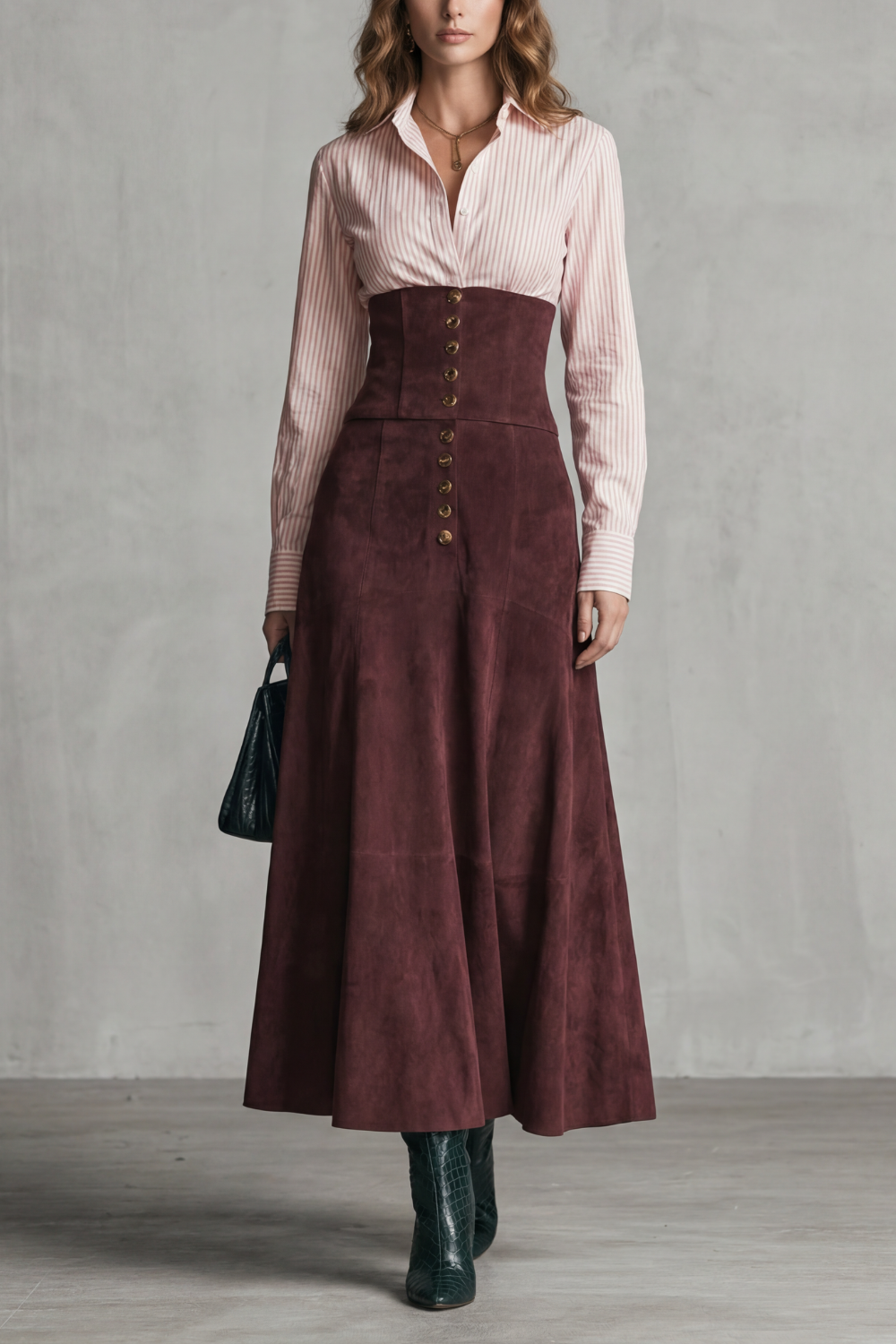 Phoebe | Maxi Skirt Burgundy Suede High-Waist Corset Button-Front for Women