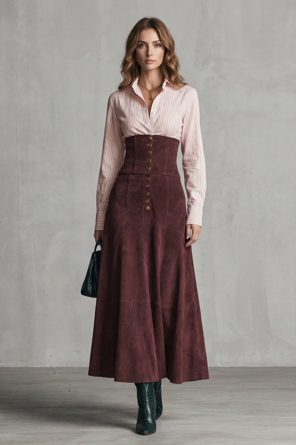 Phoebe | Maxi Skirt Burgundy Suede High-Waist Corset Button-Front for Women