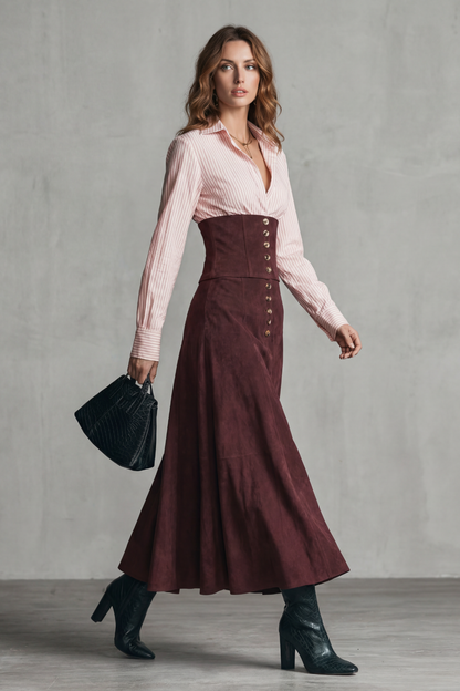 Phoebe | Maxi Skirt Burgundy Suede High-Waist Corset Button-Front for Women