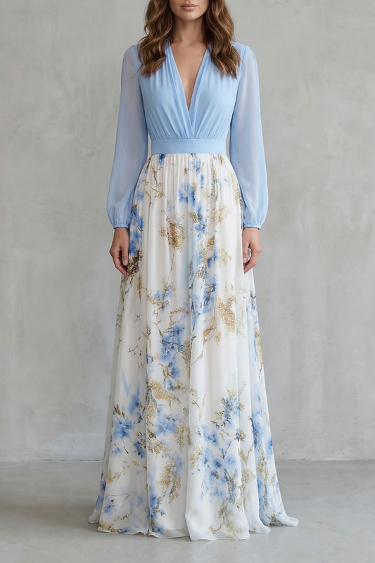 Elspeth | Maxi Dress Blue Floral Chiffon Deep V-Neck Long Sleeve for Women