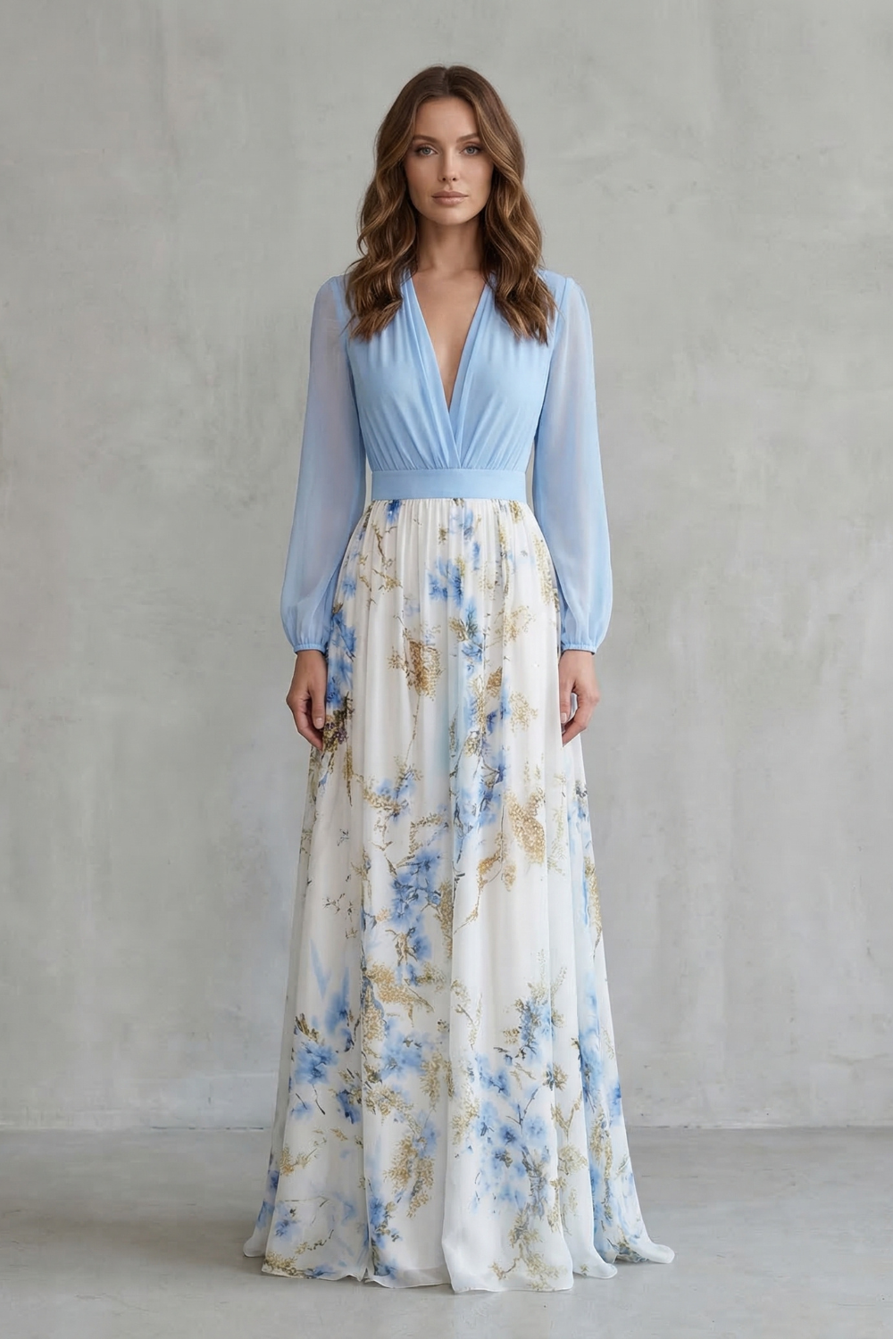 Elspeth | Maxi Dress Blue Floral Chiffon Deep V-Neck Long Sleeve for Women