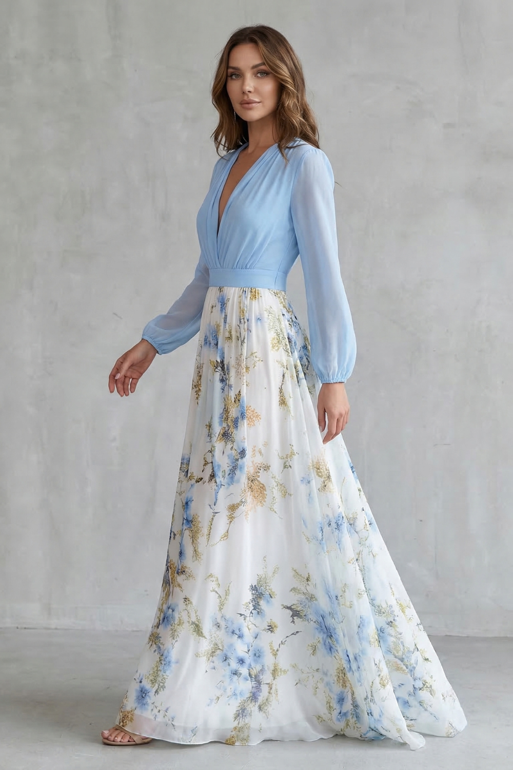 Elspeth | Maxi Dress Blue Floral Chiffon Deep V-Neck Long Sleeve for Women
