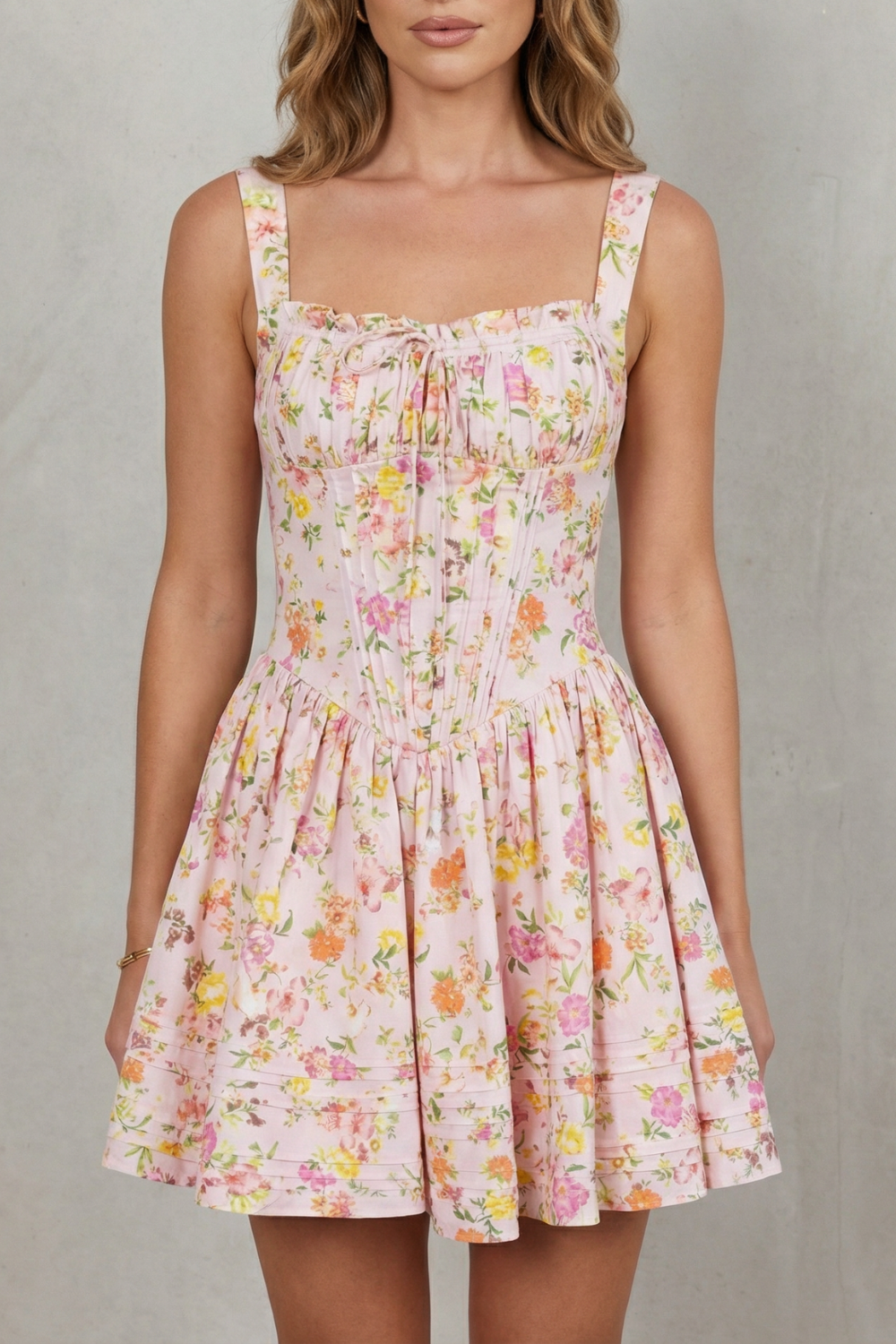 Phoebe | Mini Dress Pink Floral Cotton Corset Bodice Sleeveless for Women