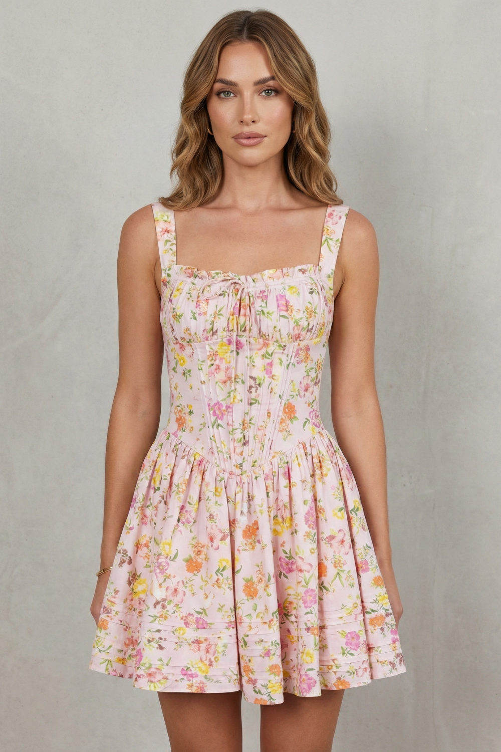 Phoebe | Mini Dress Pink Floral Cotton Corset Bodice Sleeveless for Women