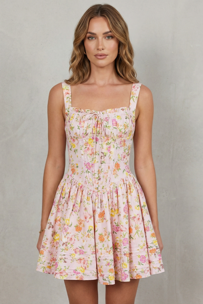 Phoebe | Mini Dress Pink Floral Cotton Corset Bodice Sleeveless for Women