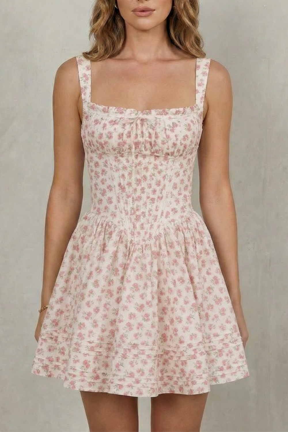 Phoebe | Mini Dress Pink Floral Cotton Corset Bodice Sleeveless for Women