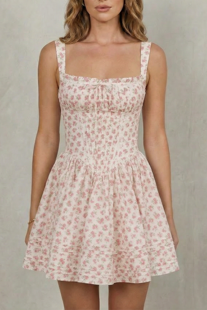 Phoebe | Mini Dress Pink Floral Cotton Corset Bodice Sleeveless for Women
