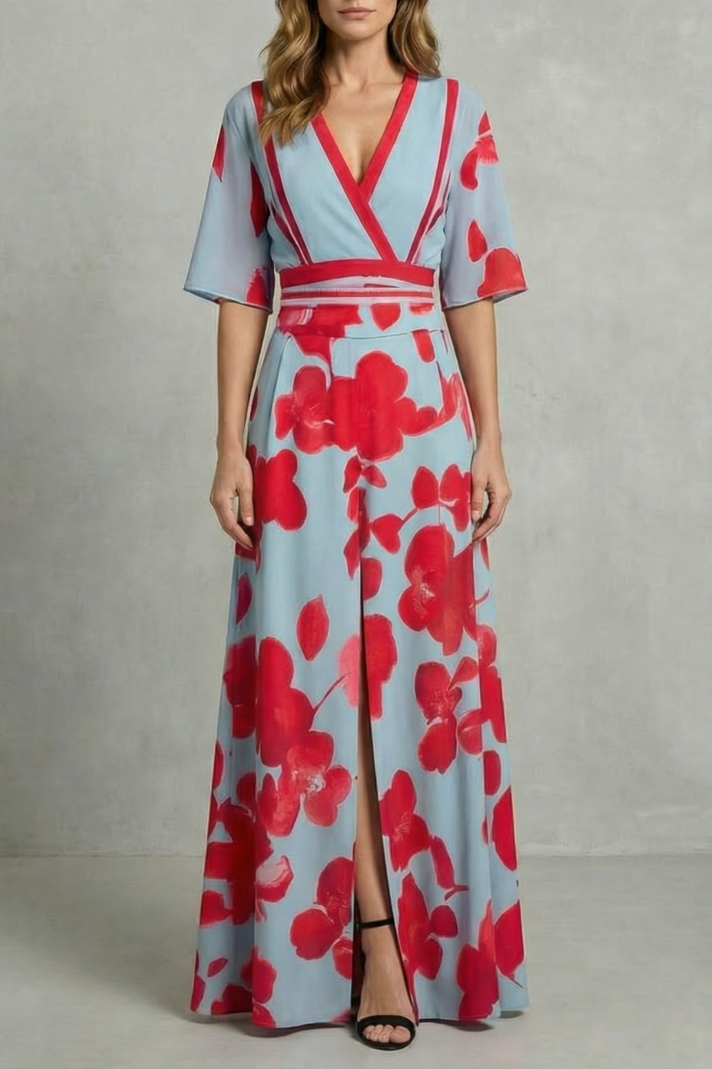 Phoebe | Maxi Dress Sky Blue Red Floral Print V-Neck Flutter Sleeve for Women