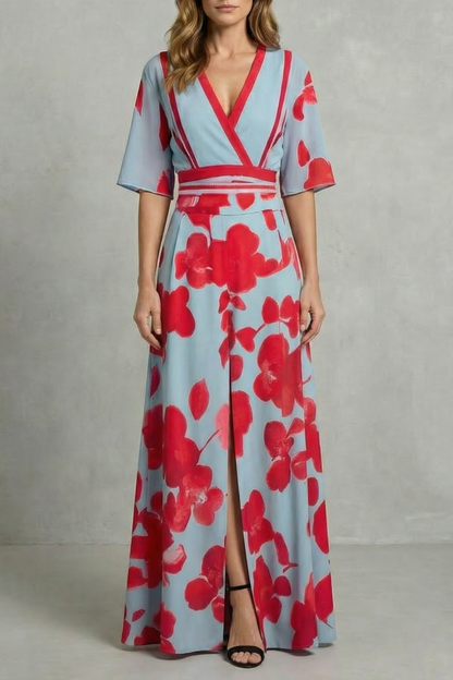 Phoebe | Maxi Dress Sky Blue Red Floral Print V-Neck Flutter Sleeve for Women