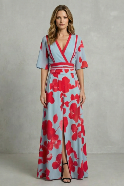 Phoebe | Maxi Dress Sky Blue Red Floral Print V-Neck Flutter Sleeve for Women