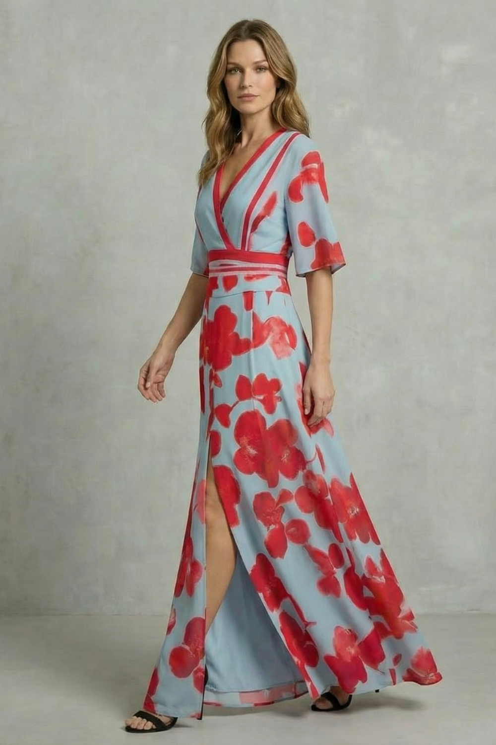Phoebe | Maxi Dress Sky Blue Red Floral Print V-Neck Flutter Sleeve for Women