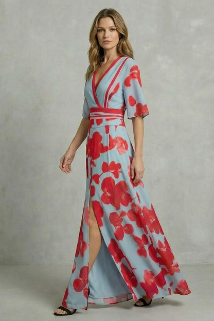 Phoebe | Maxi Dress Sky Blue Red Floral Print V-Neck Flutter Sleeve for Women