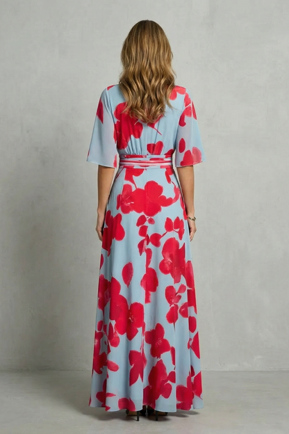 Phoebe | Maxi Dress Sky Blue Red Floral Print V-Neck Flutter Sleeve for Women
