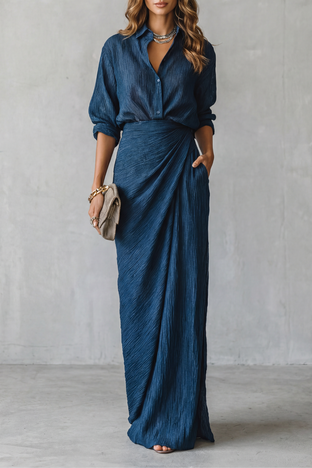Phoebe | Maxi Outfit Set Navy Blue Crinkle Textured Long Sleeve for Women