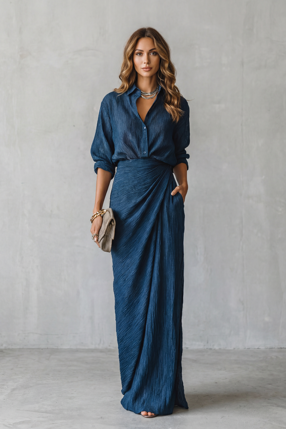 Phoebe | Maxi Outfit Set Navy Blue Crinkle Textured Long Sleeve for Women