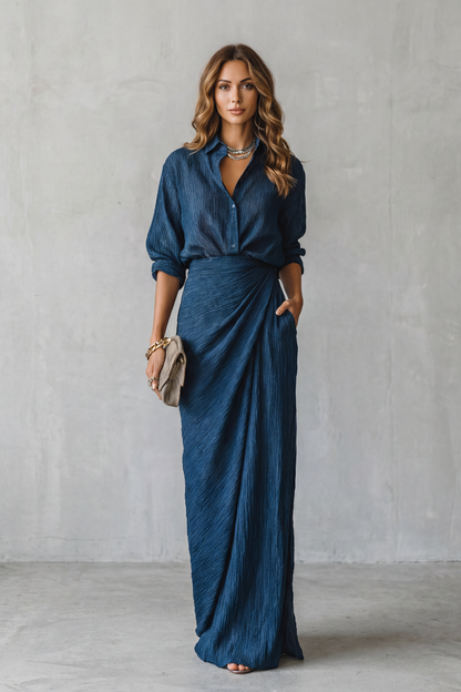 Phoebe | Maxi Outfit Set Navy Blue Crinkle Textured Long Sleeve for Women