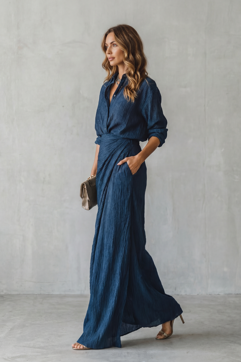 Phoebe | Maxi Outfit Set Navy Blue Crinkle Textured Long Sleeve for Women