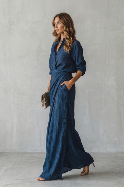 Phoebe | Maxi Outfit Set Navy Blue Crinkle Textured Long Sleeve for Women