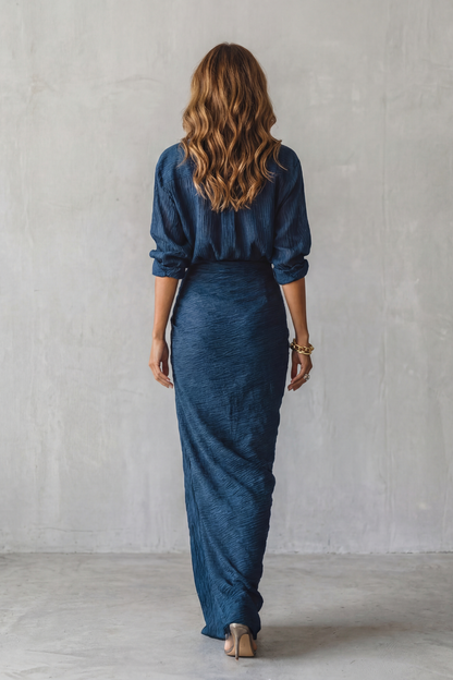 Phoebe | Maxi Outfit Set Navy Blue Crinkle Textured Long Sleeve for Women