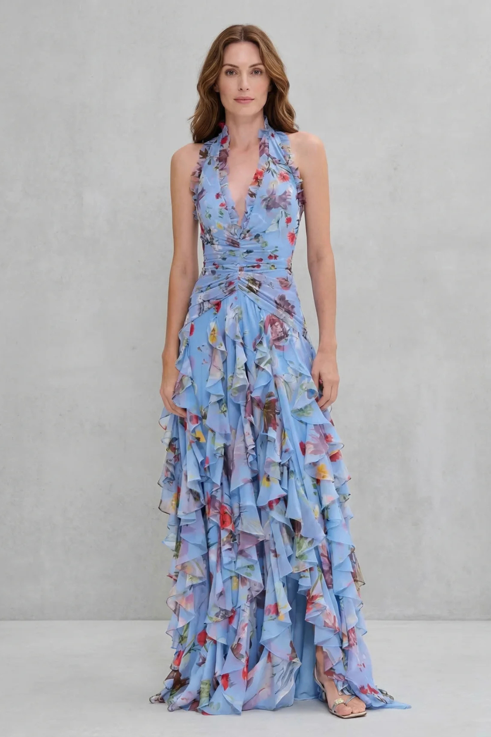 Cecily | Maxi Dress Lilac Floral Chiffon Halter Ruffle for Women