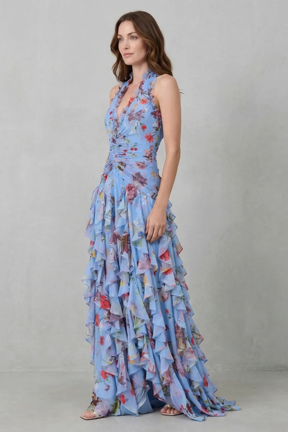Cecily | Maxi Dress Lilac Floral Chiffon Halter Ruffle for Women