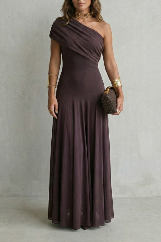 Isolde | Maxi Dress Chocolate Brown Mesh One-Shoulder Draped for Women