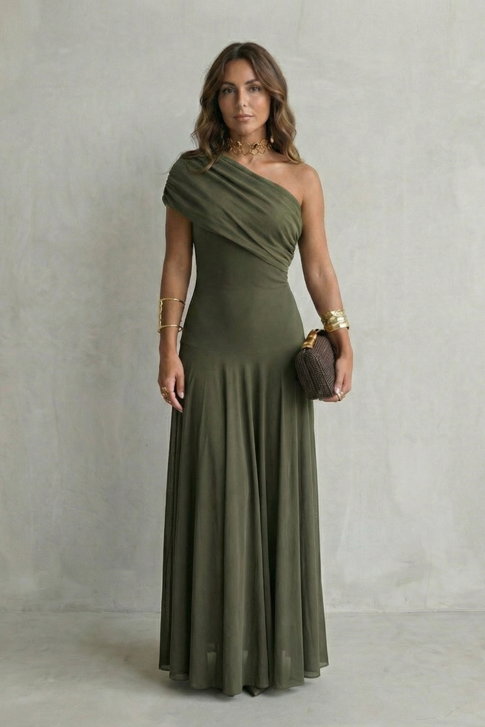 Isolde | Maxi Dress Chocolate Brown Mesh One-Shoulder Draped for Women