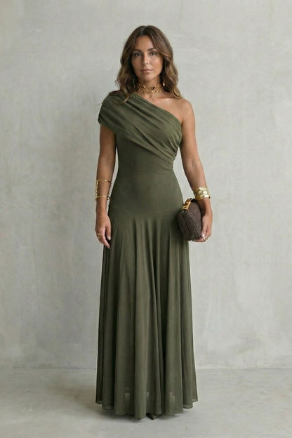 Isolde | Maxi Dress Chocolate Brown Mesh One-Shoulder Draped for Women