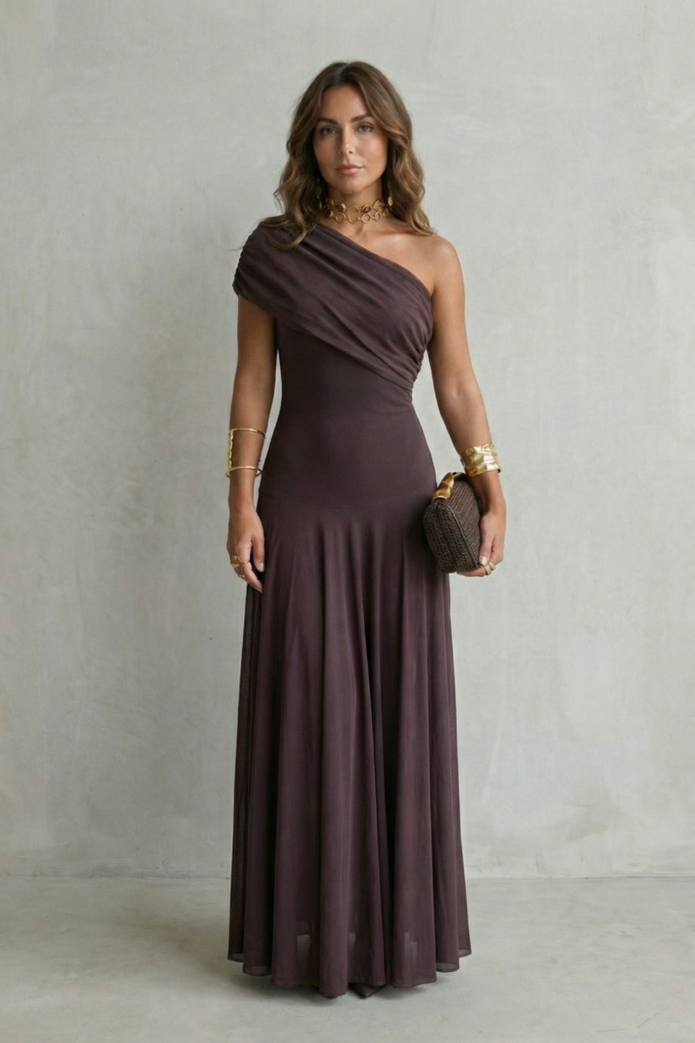 Isolde | Maxi Dress Chocolate Brown Mesh One-Shoulder Draped for Women