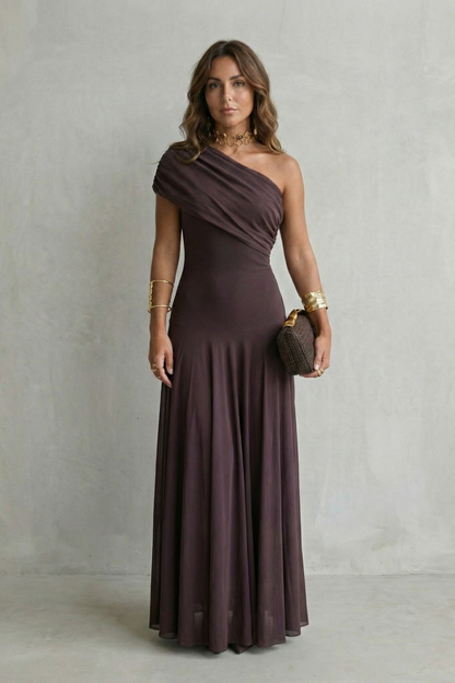 Isolde | Maxi Dress Chocolate Brown Mesh One-Shoulder Draped for Women