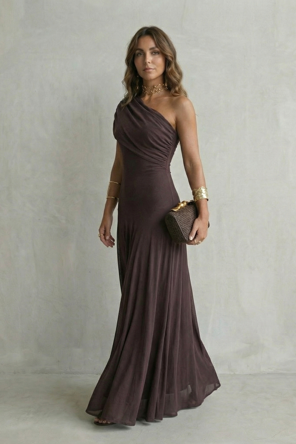 Isolde | Maxi Dress Chocolate Brown Mesh One-Shoulder Draped for Women