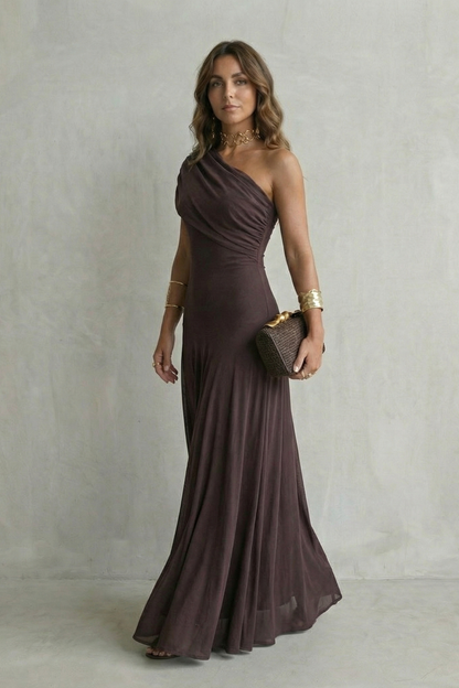 Isolde | Maxi Dress Chocolate Brown Mesh One-Shoulder Draped for Women
