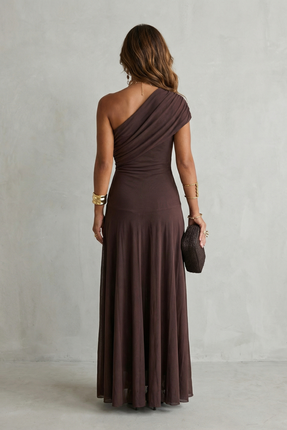 Isolde | Maxi Dress Chocolate Brown Mesh One-Shoulder Draped for Women