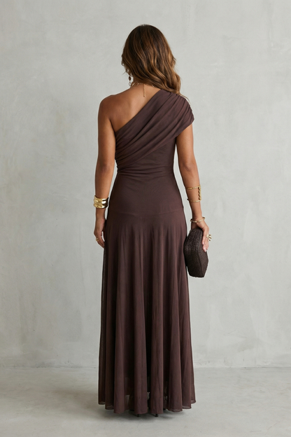 Isolde | Maxi Dress Chocolate Brown Mesh One-Shoulder Draped for Women