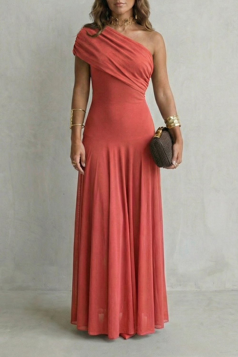 Isolde | Maxi Dress Chocolate Brown Mesh One-Shoulder Draped for Women