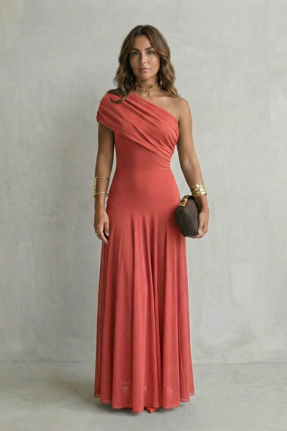 Isolde | Maxi Dress Chocolate Brown Mesh One-Shoulder Draped for Women