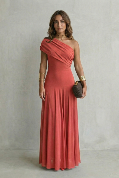Isolde | Maxi Dress Chocolate Brown Mesh One-Shoulder Draped for Women