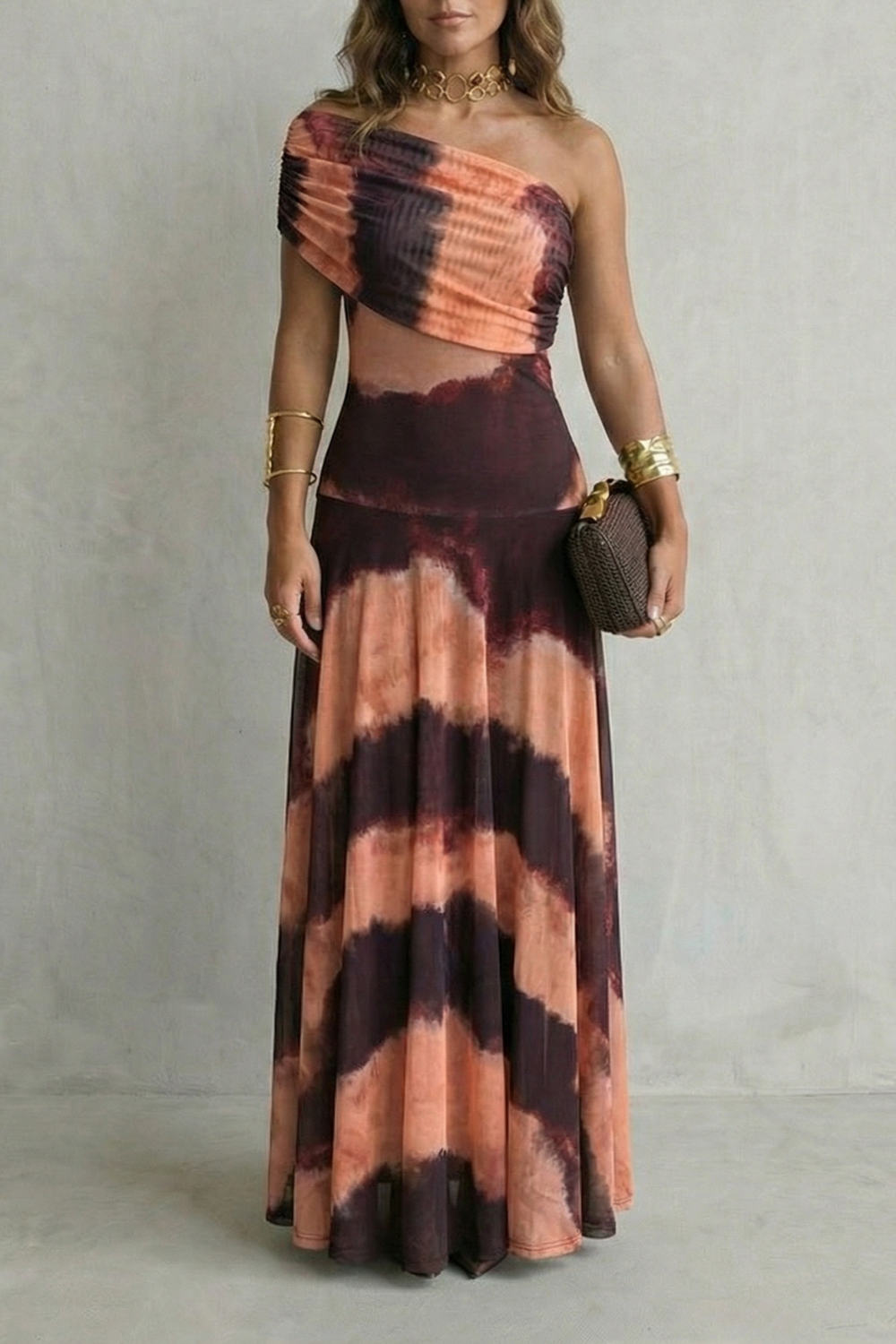 Isolde | Maxi Dress Chocolate Brown Mesh One-Shoulder Draped for Women