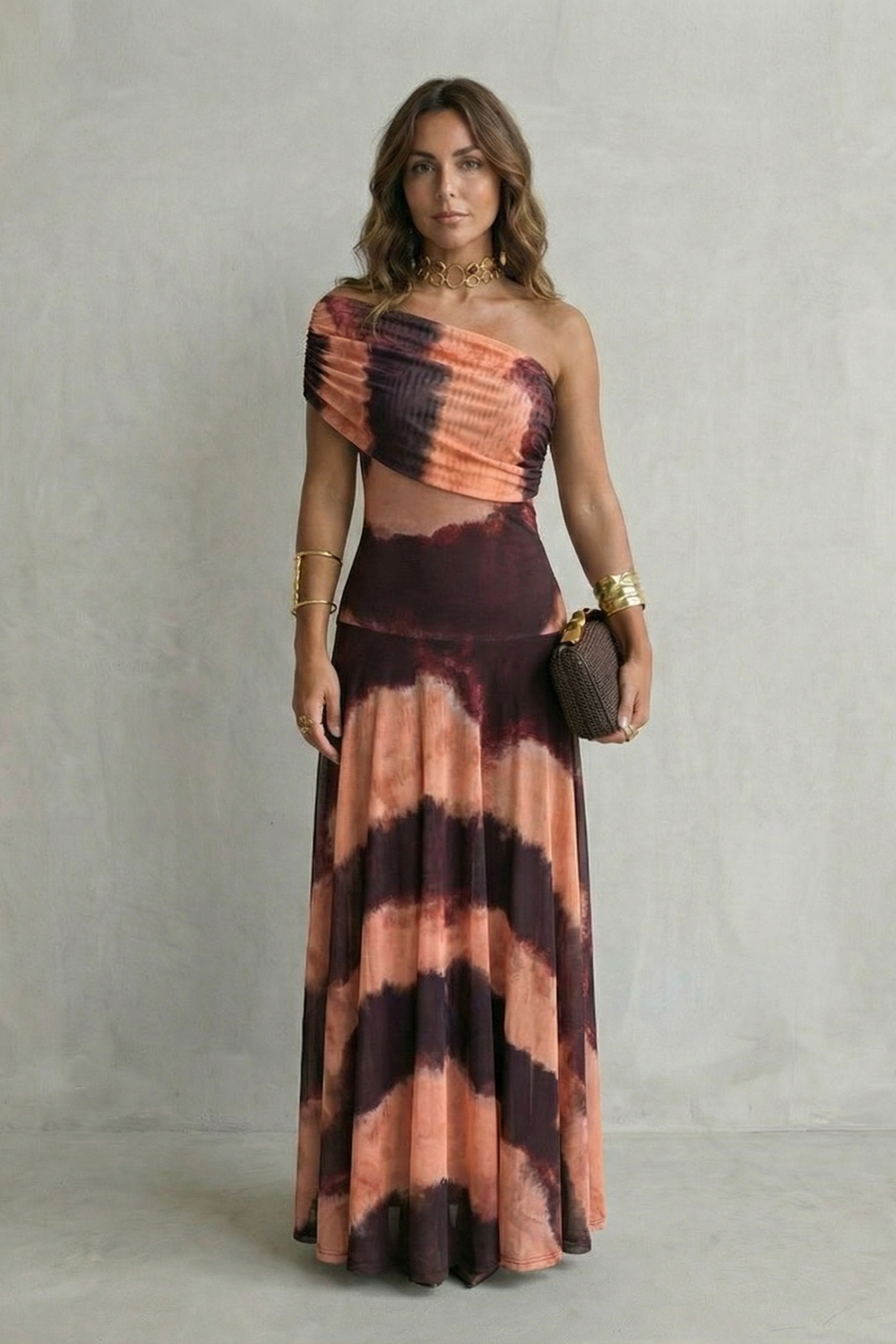 Isolde | Maxi Dress Chocolate Brown Mesh One-Shoulder Draped for Women