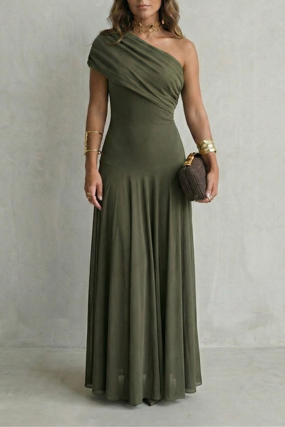 Isolde | Maxi Dress Chocolate Brown Mesh One-Shoulder Draped for Women