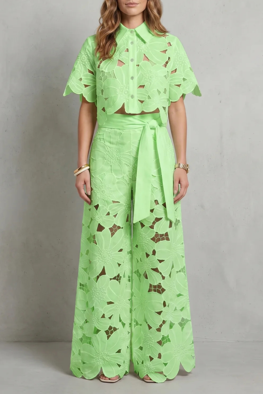 Rosalind | White Lace Two-Piece Set Floral Cutwork Wide-Leg Trousers & Crop Top for Women