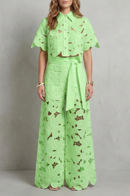 Rosalind | White Lace Two-Piece Set Floral Cutwork Wide-Leg Trousers & Crop Top for Women