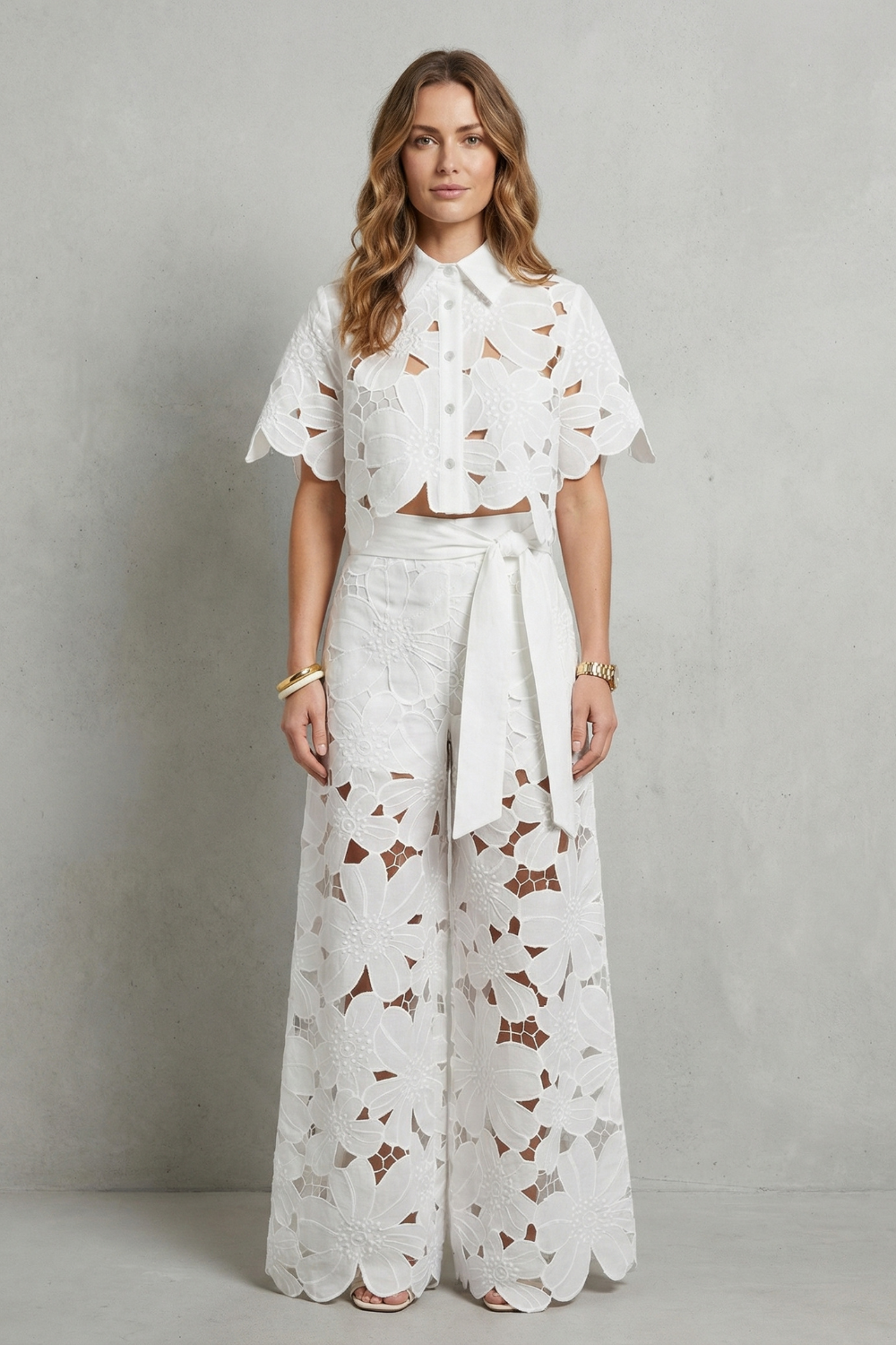 Rosalind | White Lace Two-Piece Set Floral Cutwork Wide-Leg Trousers & Crop Top for Women