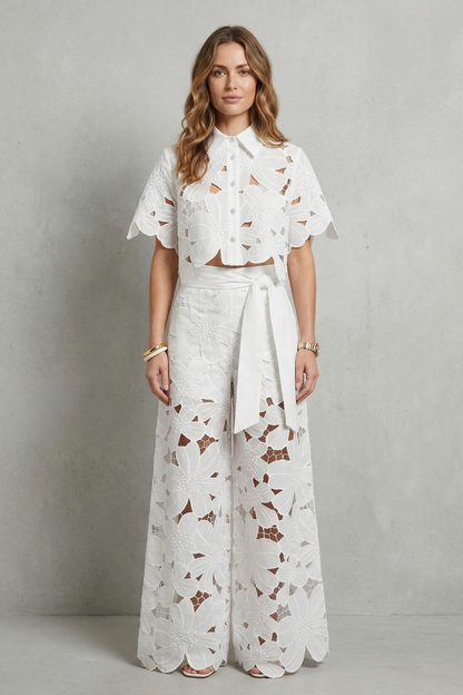 Rosalind | White Lace Two-Piece Set Floral Cutwork Wide-Leg Trousers & Crop Top for Women