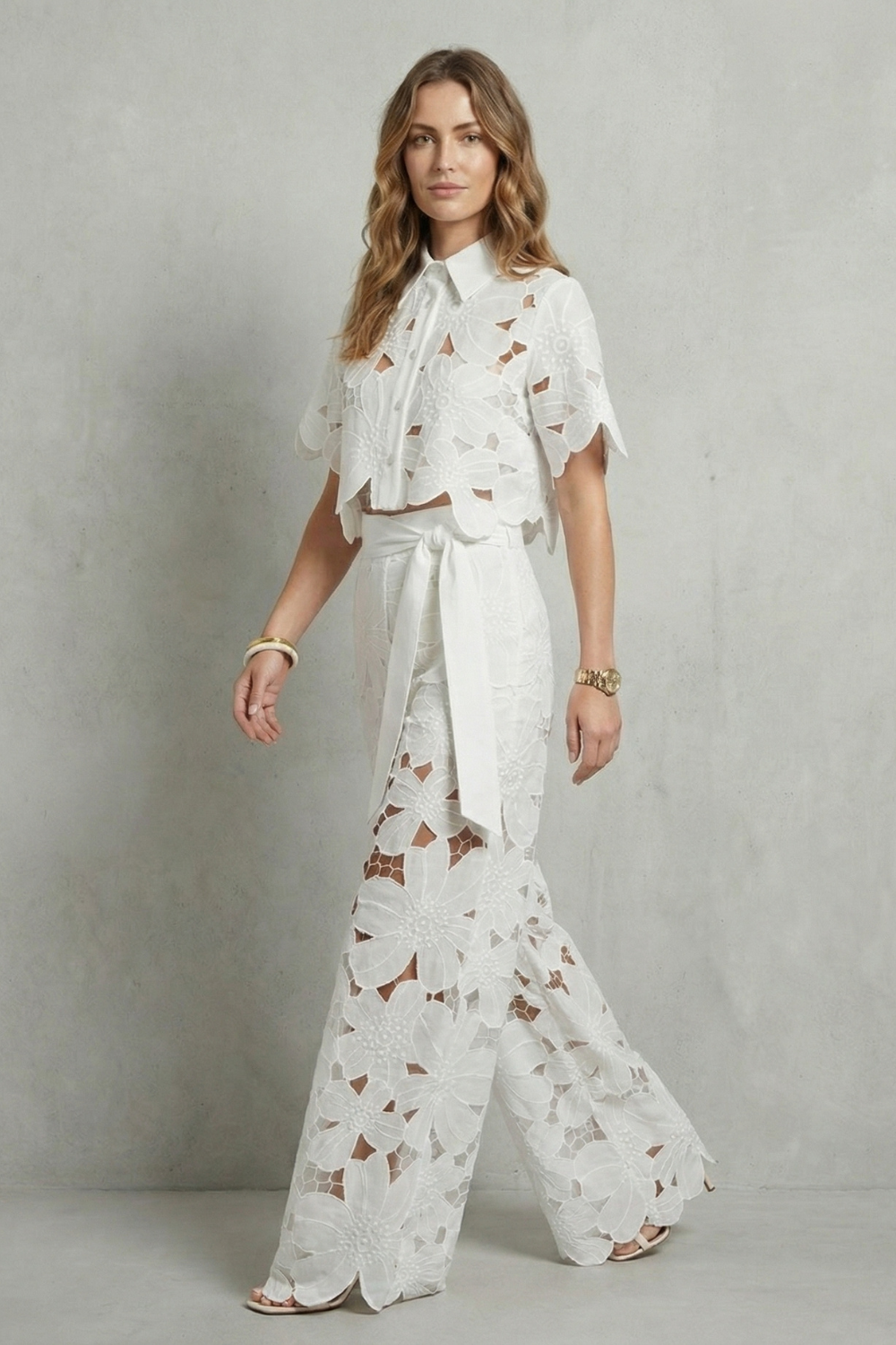 Rosalind | White Lace Two-Piece Set Floral Cutwork Wide-Leg Trousers & Crop Top for Women