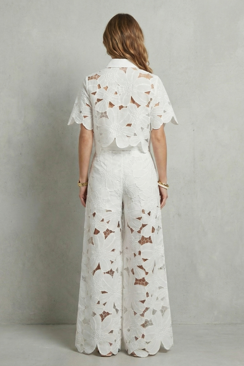 Rosalind | White Lace Two-Piece Set Floral Cutwork Wide-Leg Trousers & Crop Top for Women