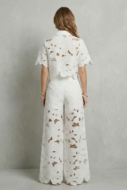Rosalind | White Lace Two-Piece Set Floral Cutwork Wide-Leg Trousers & Crop Top for Women