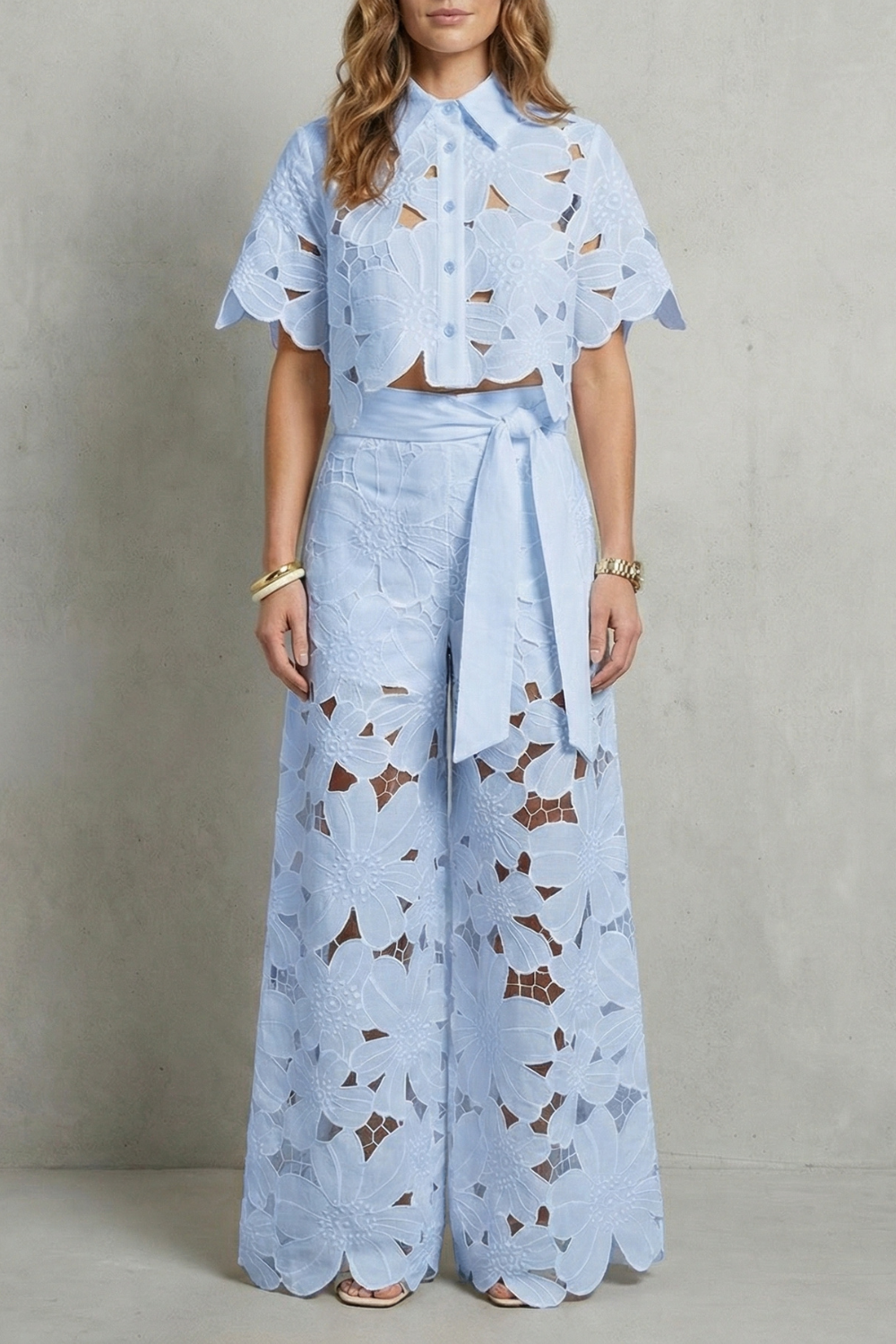 Rosalind | White Lace Two-Piece Set Floral Cutwork Wide-Leg Trousers & Crop Top for Women