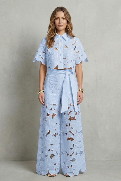 Rosalind | White Lace Two-Piece Set Floral Cutwork Wide-Leg Trousers & Crop Top for Women